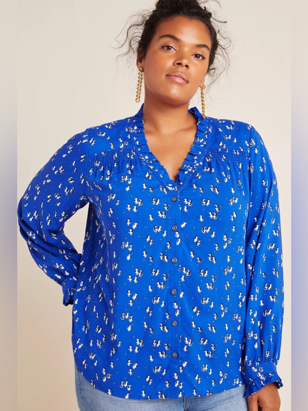 Marisol Ruffled Blouse by Maeve for Anthropologie Size 16W Penguins - Picture 11 of 15